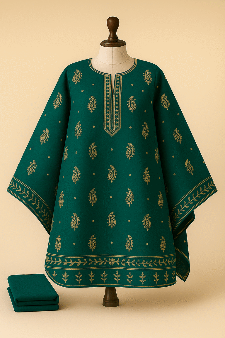 Teal Kurta with Gold Embroidery      
Unstitched 3-piece set — Cotton base with handwork dupatta